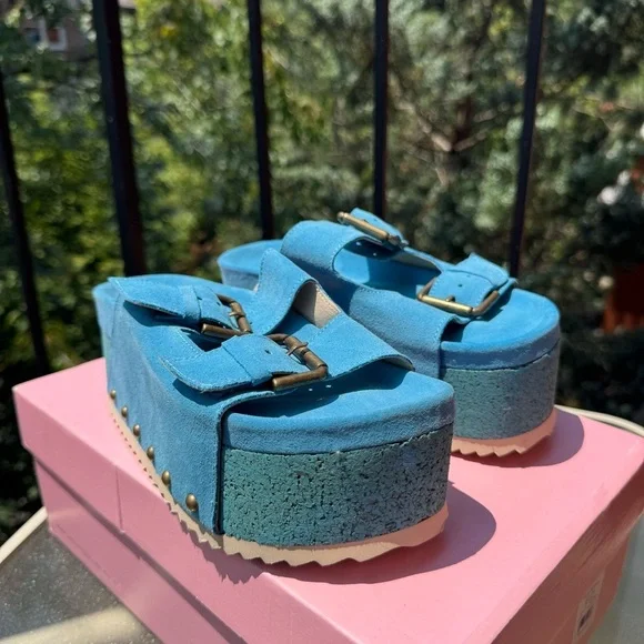 New Free People Rule Breaker Flatform Sandal Shoes Platform Suede Blue Capri 36